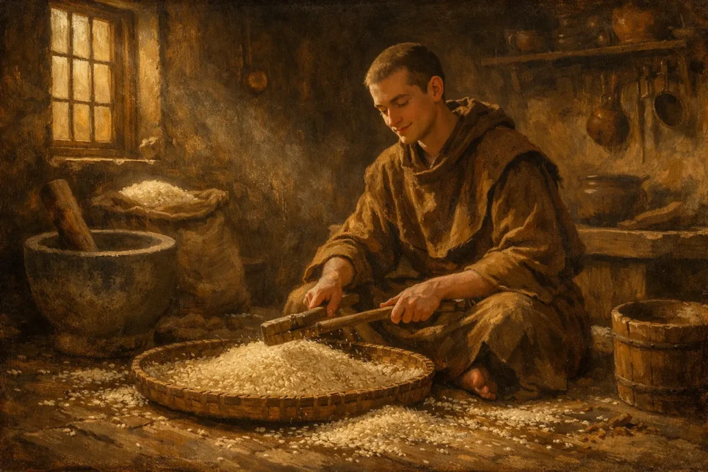 Humble monk threshing rice in monastery room with golden sunlight - Christian spiritual awakening story