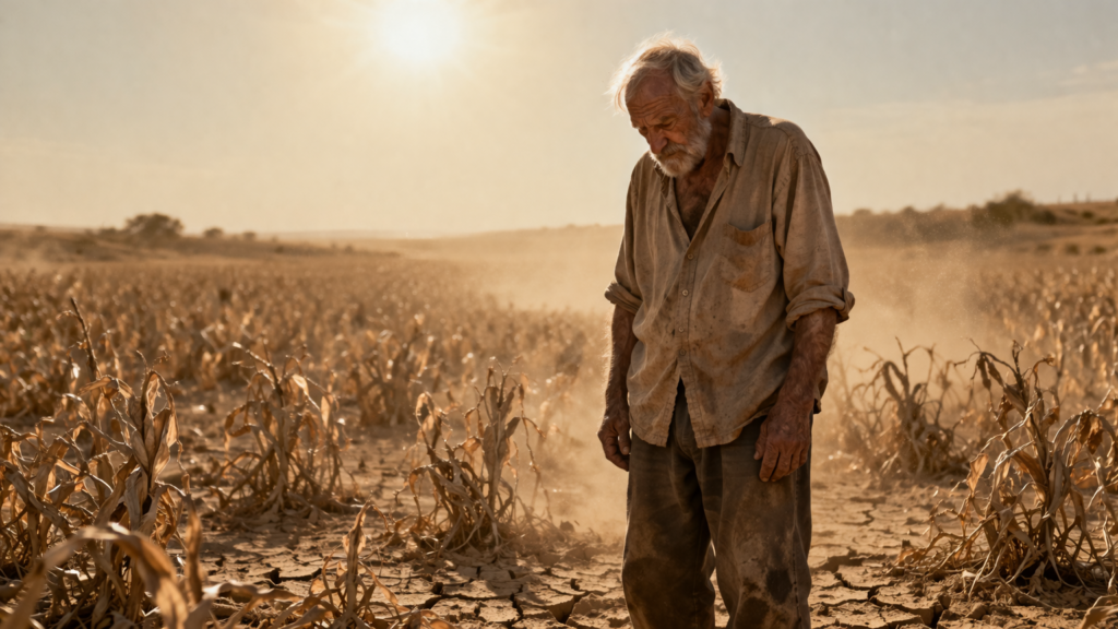 Man standing alone in dry cracked field — representing dark seasons of faith and spiritual trial
