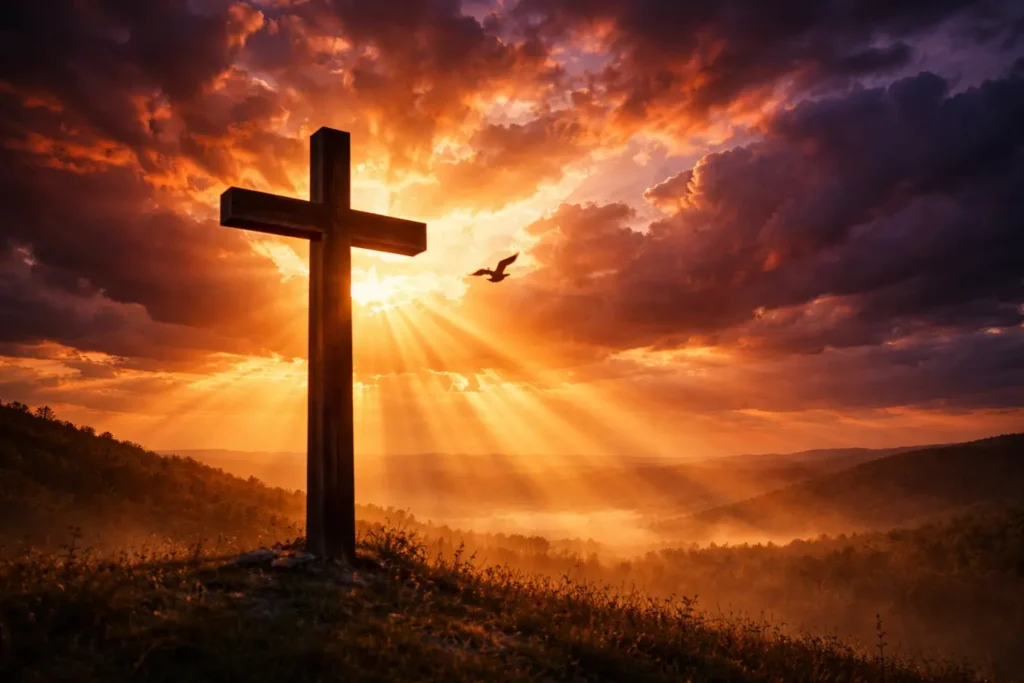 Wooden cross silhouette against dramatic sunset sky — hope peace and freedom found in Jesus