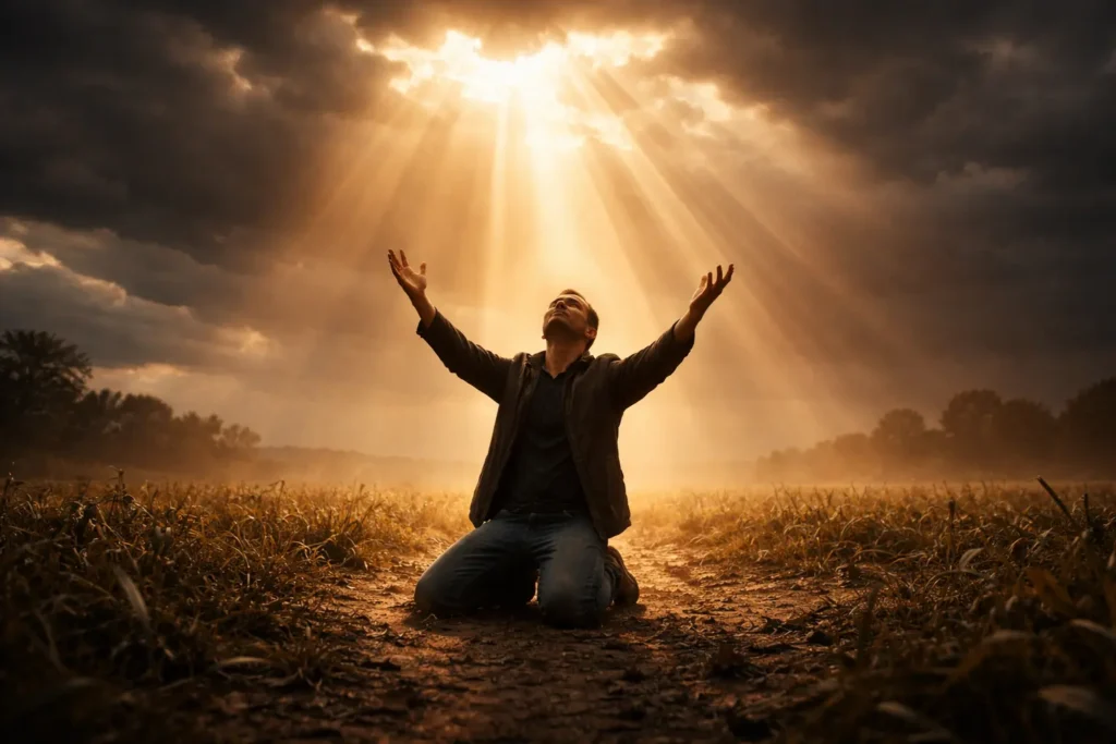 Person raising hands toward heaven in complete surrender — denying self and following Jesus Christ