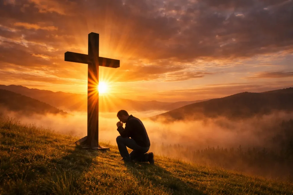 Man kneeling in surrender before a glowing cross at sunrise — letting go of ego and trusting God
