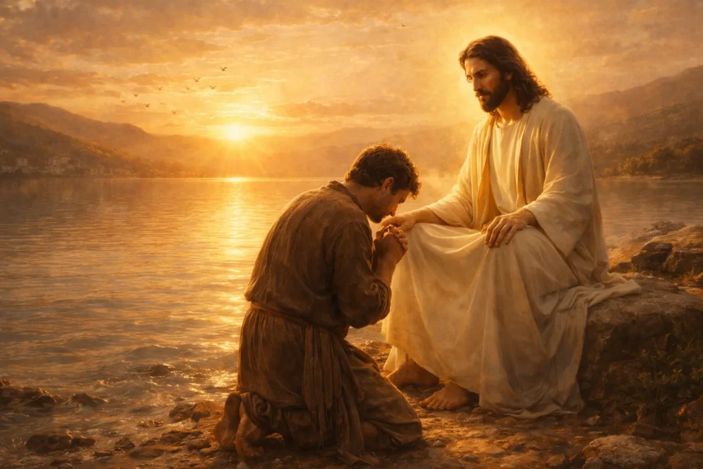 Jesus sitting peacefully by the Sea of Galilee at golden sunrise as a humble poor man approaches Him seeking guidance and true wealth