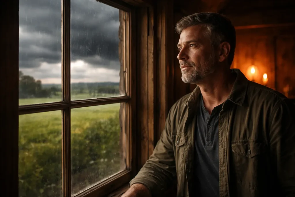 Man waiting by window watching rain — trusting God's perfect timing in a season of waiting
